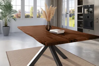 Produktbild von Esstisch Baumkante 180 x 90 cm Akazie nussbaum massiv Spider-Gestell schwarz KALEA