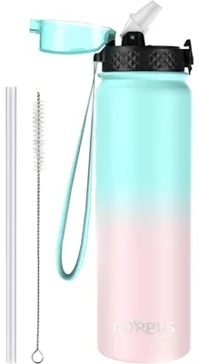 Produktbild von Thermosflasche mit Strohhalm 1L Edelstahl Doppelschicht Isolierflasche Grün Rosa BPA-frei
