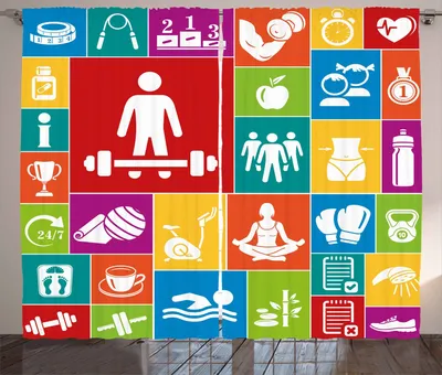 Produktbild von ABAKUHAUS Fitness Rustikaler Gardine, Bunte Ikonen Gesundheit, Schlafzimmer Kräuselband Vorhang mit Schlaufen und Haken, 280 x 260 cm, Mehrfarbig