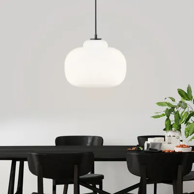 Produktbild von BRILLIANT dimmbare Retro Hängelampe mit weißem Glas-Schirm | höhenverstellbare elegante Pendelleuchte mit kürzbarem Kabel | max. 1,29 m Höhe & 30 cm Durchmesser | E27 Fassung max. 60 W | Glas/Metall
