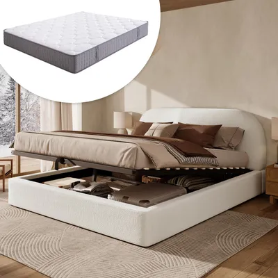 Immagine prodotto di Letto matrimoniale imbottito MODFU 180 x 200, letto idraulico con ampio vano contenitore; struttura del letto con rete a doghe e testiera da 13,5 cm, colore beige