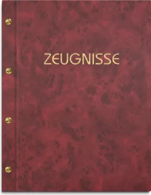 Produktbild von Zeugnismappe im roten Einband in Marmoroptik, mit hochwertigem Prägedruck in gold – handgefertigte Mappe inkl. 12 Sichthüllen