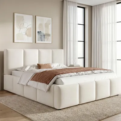 Image de Lit rembourré 180 x 200 cm avec sommier à lattes, tête de lit rembourrée, chenille, beige