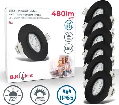 Obrázek produktu pro Zapuštěné bodové svítidlo 68mm sada 6 ks - 230V, 4,9W, 480lm, LED, IP65, teplá bílá, černá