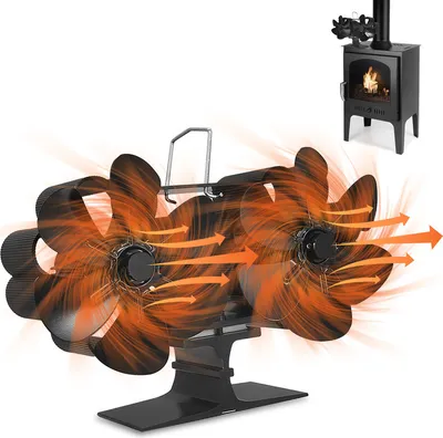 Obrázek produktu pro Krbový ventilátor s dvojitým motorem, 12 lopatek, krbový ventilátor, krbový ventilátor, příslušenství ke krbovým kamnům na dřevo/plyn/dřevo