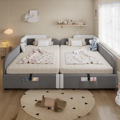 Obrázek produktu pro okwish Dvě Dětská postel 90x200cm2 bez matrace, Kombinovaná čalouněná postel s úložným prostorem, Levá nebo pravá boční deska, Šedá