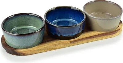 Produktbild von Servierbrett Porzellan/Holz Allesken Modern Kitchen 28x9,5x1,2cm Grau/Blau/Grün 3 Schalen 110ml (3-tlg.)