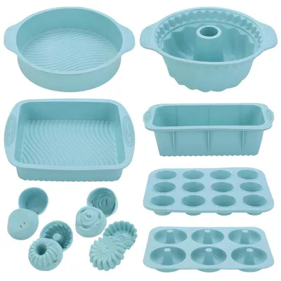 Immagine prodotto di Set da forno in silicone da 30 pezzi, con rivestimento antiaderente, composto da stampi per muffin, stampi rettangolari, stampi rotondi e stampi quadrati, di colore blu