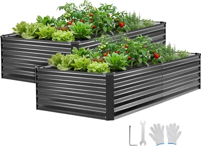 Immagine prodotto di VEVOR Aiuola rialzata in metallo, confezione da 2 pezzi, 203x102x46 cm, aiuola rettangolare, set di fioriere per esterni, orto con guanti, aiuola per fiori, aiuola, manivella per piantare fiori e ortaggi