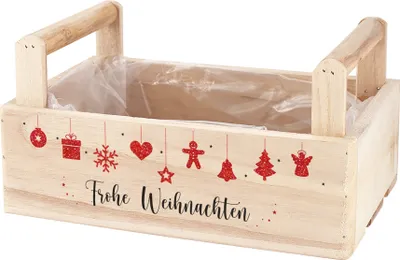 Produktbild von Geschenkbox aus Holz mit weihnachtlicher Girlande und Aufschrift "Frohe Weihnachten" bedruckt