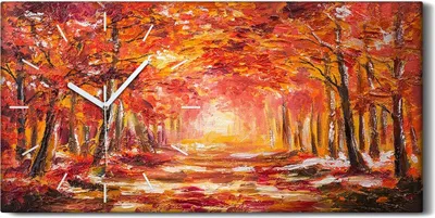 Produktbild von Dekor Leinwand Uhr Wandbilder 60x30 Malerei Wald Bäume Blätter Herbst Natur - weiße Hände