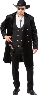 Herrenmodell im kompletten Western-Outfit mit Gehrock, Weste, Cowboyhut und Revolvergürtel, kombiniert im Western-Look.