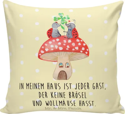 Produktbild von Mr. & Mrs. Panda Kuschelkissen Marienkäfer Fliegenpilz - Gelb Pastell - Geschenk, kissen bedruckt, Dekokissen, Haus, Zuhause, 40x40, Deko, Wohnung, Fleigenpilzhaus