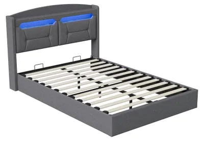 Productafbeelding van Boxspringbed met opbergruimte - Gasveerbedbodem 140x200 cm - Hoofdeinde met LED-verlichting en opbergruimte - Stof - Lichtgrijs