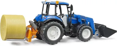 Produktbild von BRUDER New Holland T5.120 mit Frontlader, Ladekasten, Gabeln und Rundballen