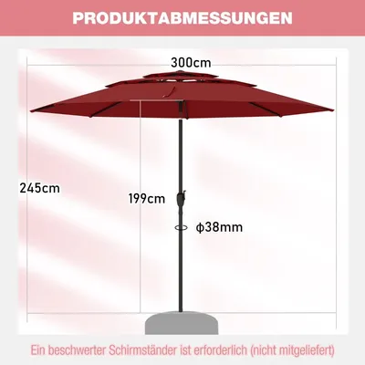 Produktbild von Windbeständiger Sonnenschirm für die Terrasse, 300 cm, neigbar und mit Kurbel, rot