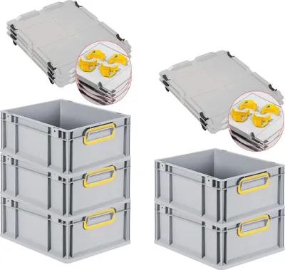 Produktbild von SparSet 5x Eurobox NextGen Color mit Auflagedeckel und Schiebeschnappverschlüsse | HxBxT 17x30x40cm | 16 Liter | Grau | Griffe gelb geschlossen | Glatter Boden | Eurobehälter, Transportbox, Transportbehälter, Stapelbehälter