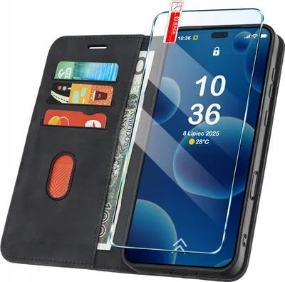 Produktbild von Hülle mit Klappe für Honor 400 Lite, magnetischer Verschluss, Leder, schwarz + Schutzglas