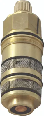 A close-up studio shot of a brass plumbing valve cartridge.