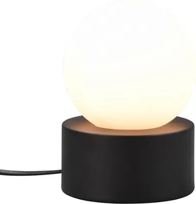 A black cylindrical base with a white spherical light bulb on top, on a white background.