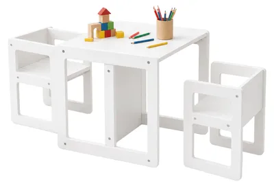 Productafbeelding van Relaxdays kindermeubels, 3-delige set, kindertafel met 2 stoelen, omkeerbare krukken, bankje, Montessori zitmeubels, wit