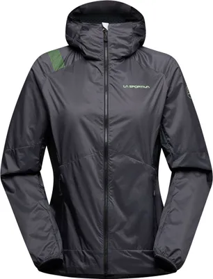 Damenjacke "Across Lite Jacket" von La Sportiva in Schwarz mit Kapuze und grünem Logo.