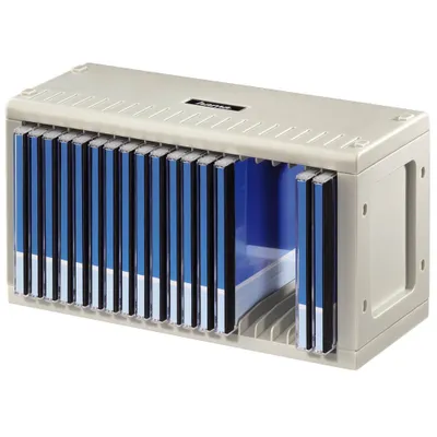 A beige CD/DVD rack filled with CDs/DVDs.