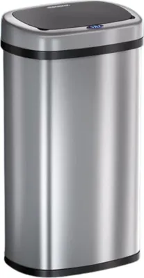 A silver sensor trash can with a black lid.