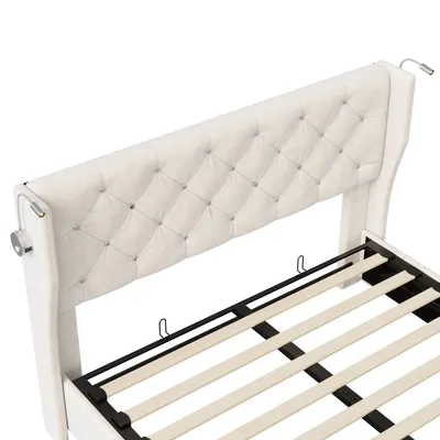 Image de Lit rembourré 140x190cm, Hydraulique Lit double avec lampe de lecture et fonction de chargement USB Tête de lit, Lits de rangement Cadre de lit avec sommier à lattes, Velours, Beige