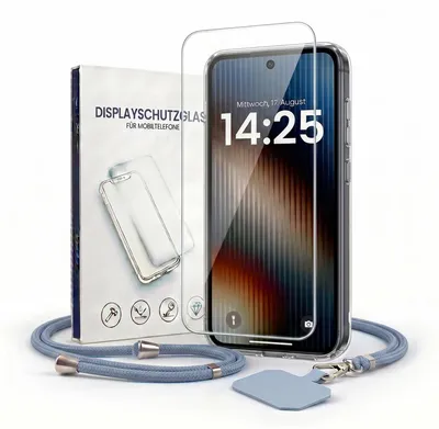 Produktbild von Handyhülle für Samsung Galaxy S24 mit Handykette und 9H Displayglas Displayschutz Band in Lavendelblau Blau Kordel Hülle Case Schutzhülle Transparent