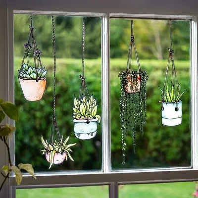 Produktbild von Set mit fünf Fensteraufklebern – Motiv: Hängende Pflanzen – beidseitig und selbstklebend