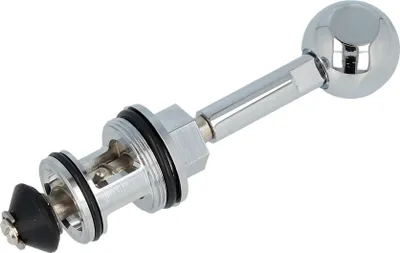 A chrome-plated plumbing valve component with a rubber seal.