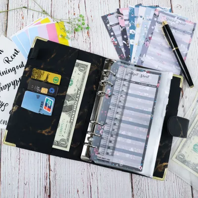 Produktbild von A6 Notizbuch Binder Budget Binder Budgetplaner mit Binder-Budgetblatt, englischer Aufkleber, Lineal, Kleingeld, Reißverschlusstasche und Etikett