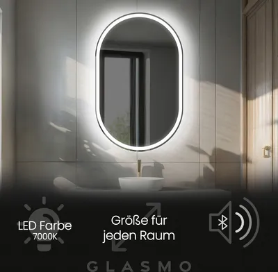 Produktbild von Badspiegel mit Beleuchtung 90x120 cm Darcy - Vertikal Oval Spiegel mit LED Beleuchtung - Kaltweiß 7000K - Badezimmerspiegel Lichtspiegel mit Bluetooth-Lautsprecher