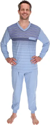 Produktbild von Pyjama Herren lang Shirt+Hose Schlafanzug Schlafkleidung Nachtwäsche Nachtanzug, Größe:L, Farbe:Blau