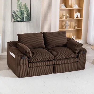 Produktbild von MODFU Zweisitzer Sofa,Modulares Sofa,Big Sofa mit Kissen & 2 Seitentaschen,Cord,Braun
