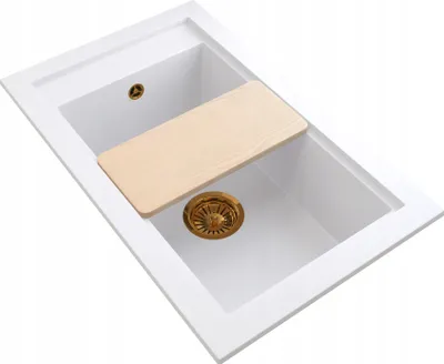 Obrázok produktu pre Granitan | Granitový drez – biely – 68,6 x 42,7 cm – PANAMA + zlatý sifón + doska na krájanie