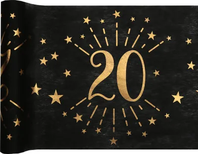 Produktbild von Tischläufer Vlies schwarz  Zahl 20 gold 5 m Geburtstag