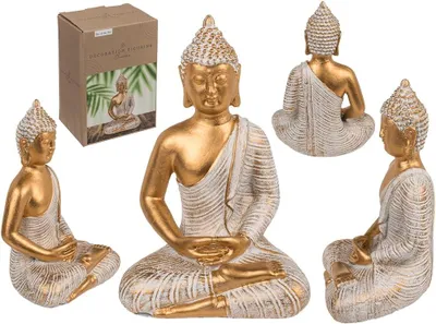 Imagen del producto de Figura de Buda, hecha de resina, con dimensiones de 11 x 9 x 16,5 cm, ideal para decorar el hogar