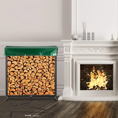 Produktbild von VEVR Metall Kaminholzregal 590 kg Haltekapazität, Brennholzregal 183,5x36,2x122 cm, Kaminholzunterstand mit PVC Abdeckung(183,5x36,2x27,5 cm), Kaminholzhalter Schwarz, Stapelhilfe für Brennholz Außen