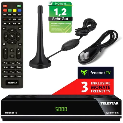 A collage of a TV receiver box, remote control, antenna, and promotional material.