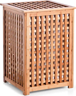 A bamboo laundry basket with a slatted design.