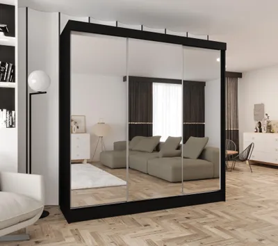 Produktbild von Schwebetürenschrank 3-türig 240x205x58 cm Schwarz mit 3 Spiegeln – Moderner Kleiderschrank