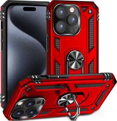 Produktbild von Schutzhülle für iPhone 15 Pro, Dual Layer Militäre Fallschutz Hülle mit Ringhalterung Ständer für iPhone 15 Pro Rot