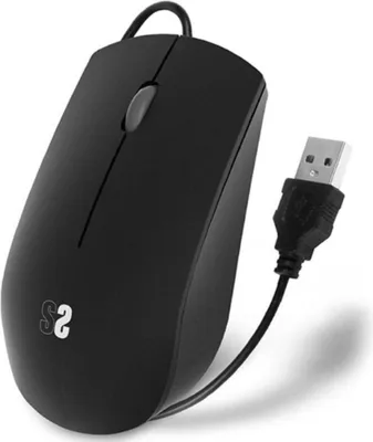 A black wired computer mouse with a USB connector is shown against a white background.