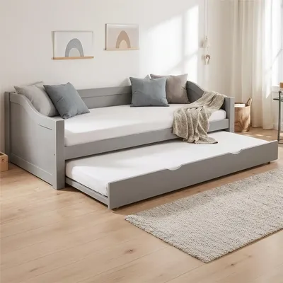Produktbild von Homestyle4u Ausziehbett 90x200 mit Lattenrost Holzbett Tagesbett Grau Kiefer massiv Einzelbett Bettgestell Jugendbett