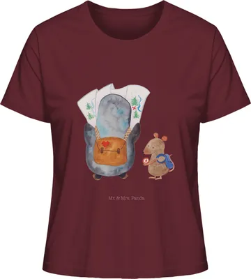 Produktbild von Mr. & Mrs. Panda Kurzarmshirt Damen Pinguin & Maus Wanderer Größe S - Burgundy - Geschenk, Wandern, Baumwoll T-Shirt, Shirt, Oberteil, Sommershirt, Abenteuer, Wanderlust