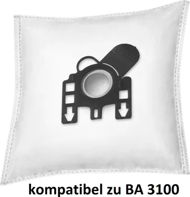 A white vacuum cleaner dust bag with a black plastic fitting.