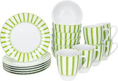 Immagine prodotto di Split verde 18 pezzi Set per la colazione Piatti Ciotole Tazze a righe