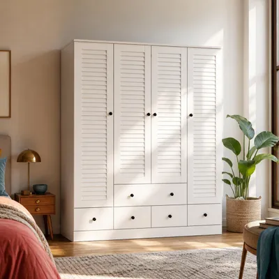Produktbild von 180 cm Hoher Weißer Kleiderschrank mit 5 Schubladen, Garderobenschrank mit Ablagefächern, für Schlafzimmer, Weiß, MDF, 150 × 180 × 48 cm